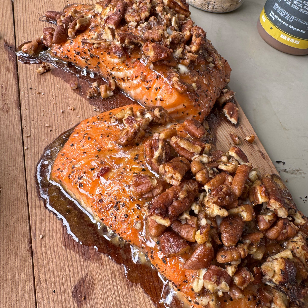 Maple Pecan Glazed Salmon with Mustard Drizzle