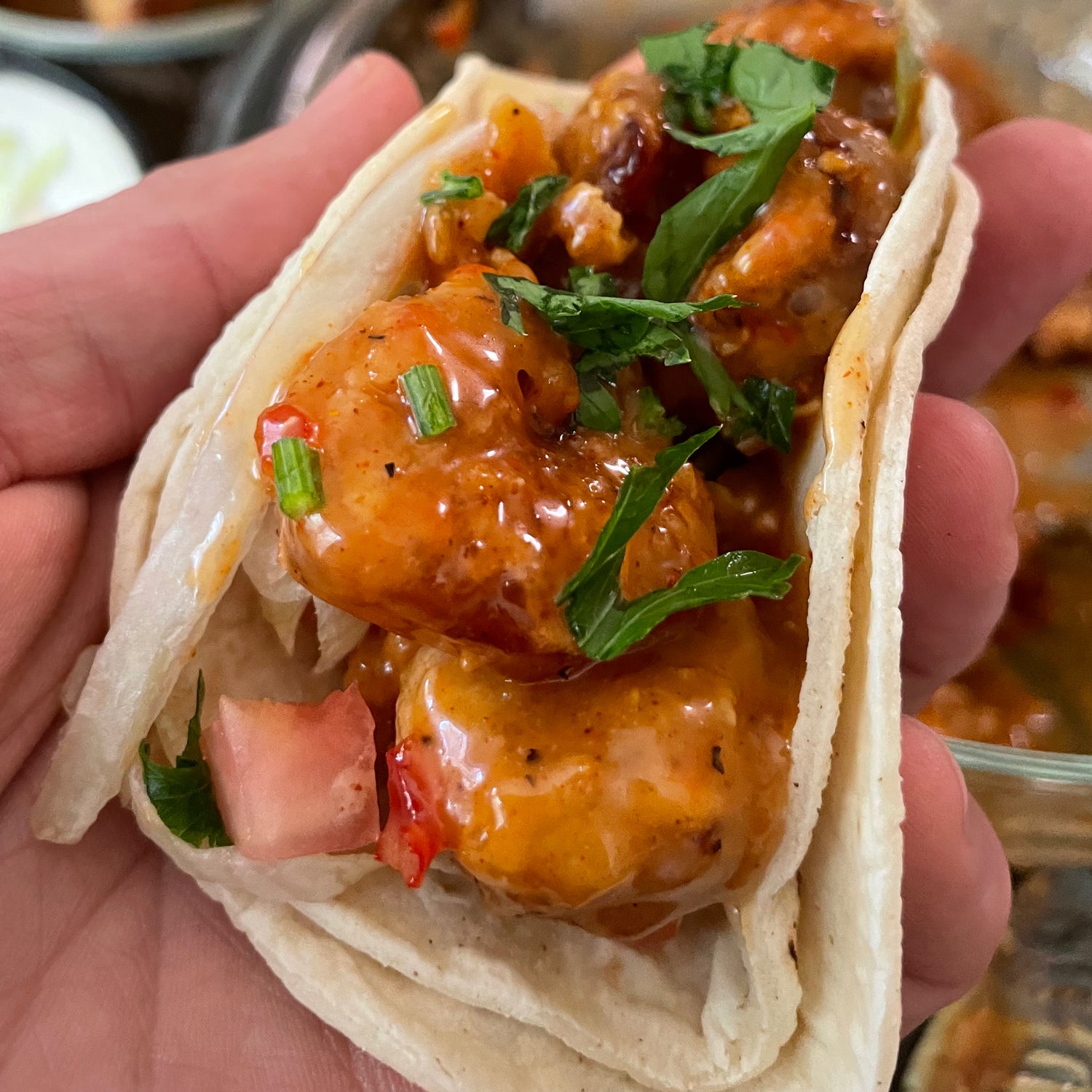 Aweet and just a little spicy bang bang shrimp tacos
