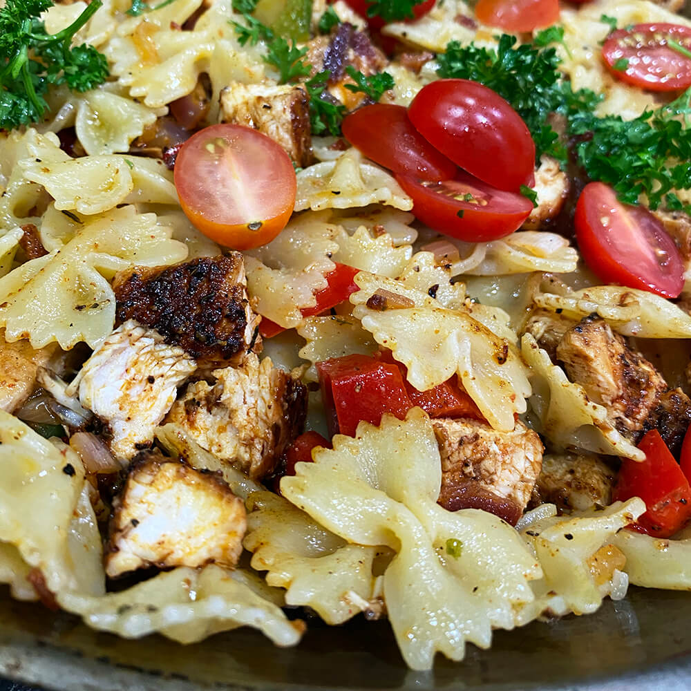 Blackened Chicken on bowtie pasta