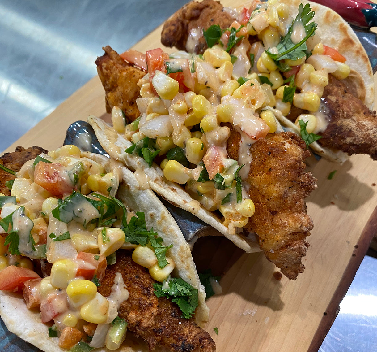 Fried Blackened Catfish Tacos with Lane's Corn Salsa