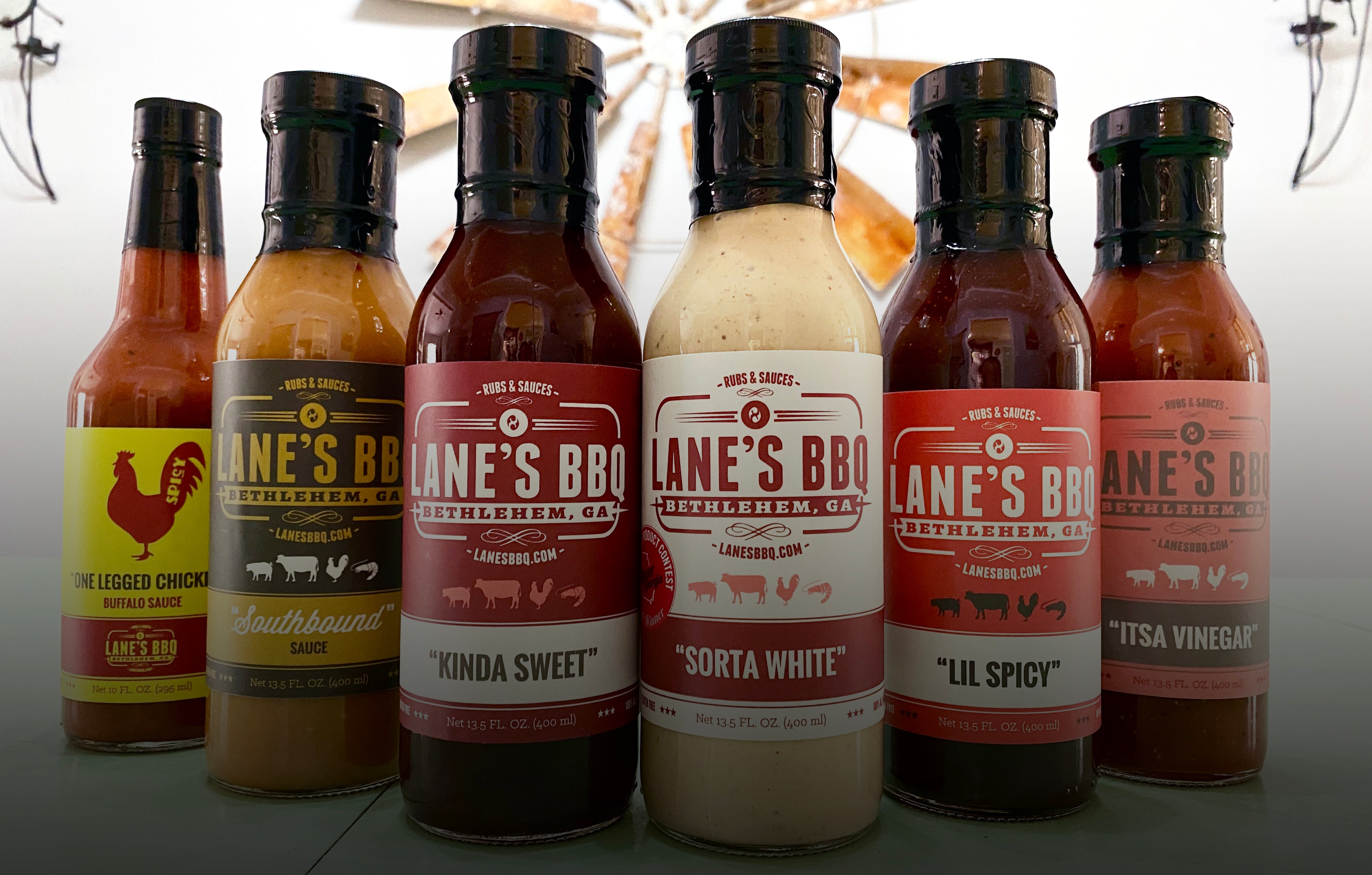 All Lane's BBQ Sauces in a row