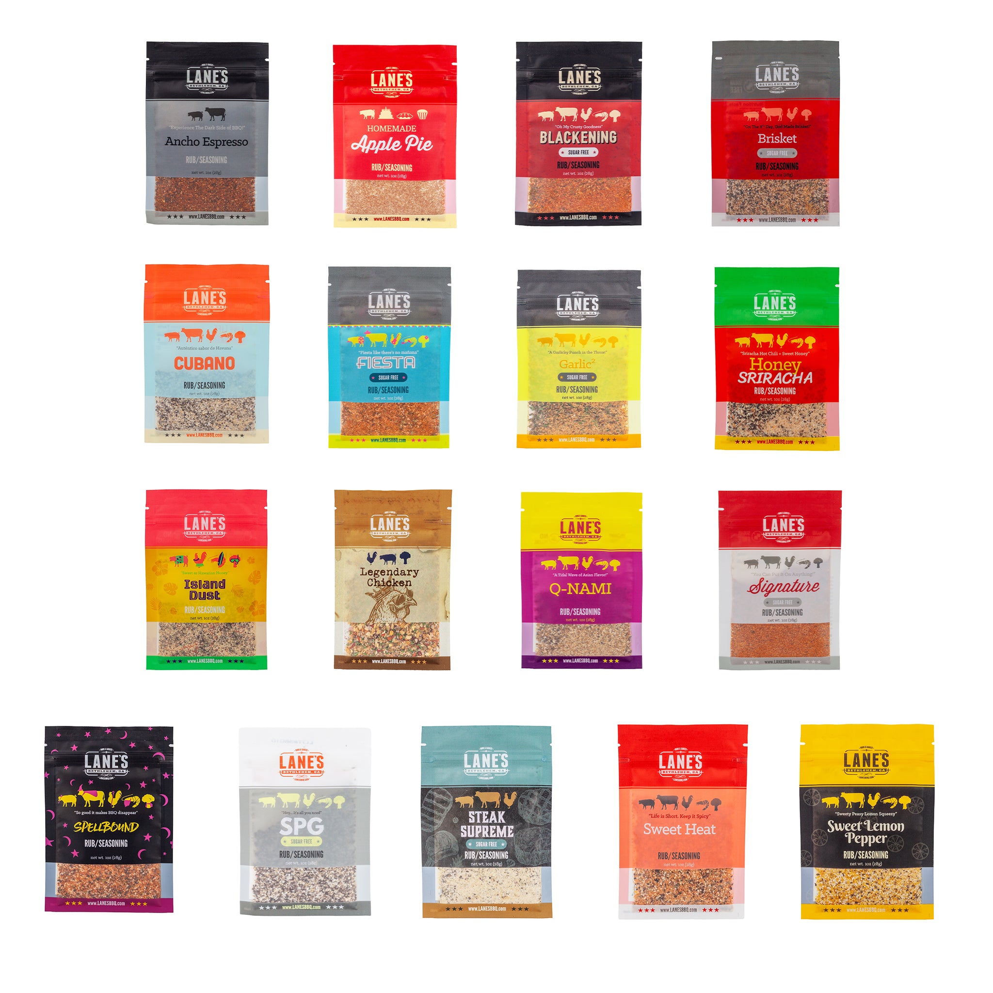 Grid of Lanes brand food packages on a white background