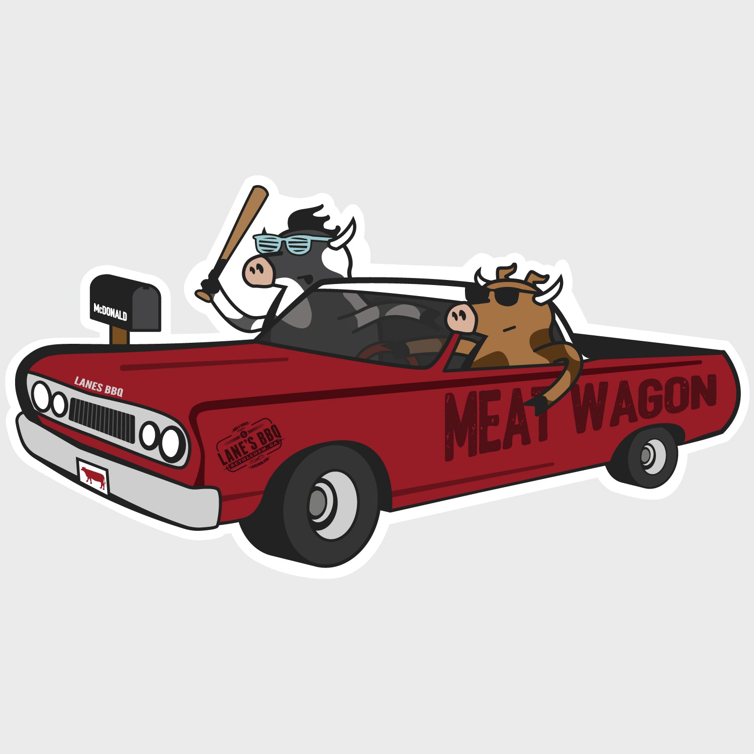 Lane's Cow in car meatwagon sticker