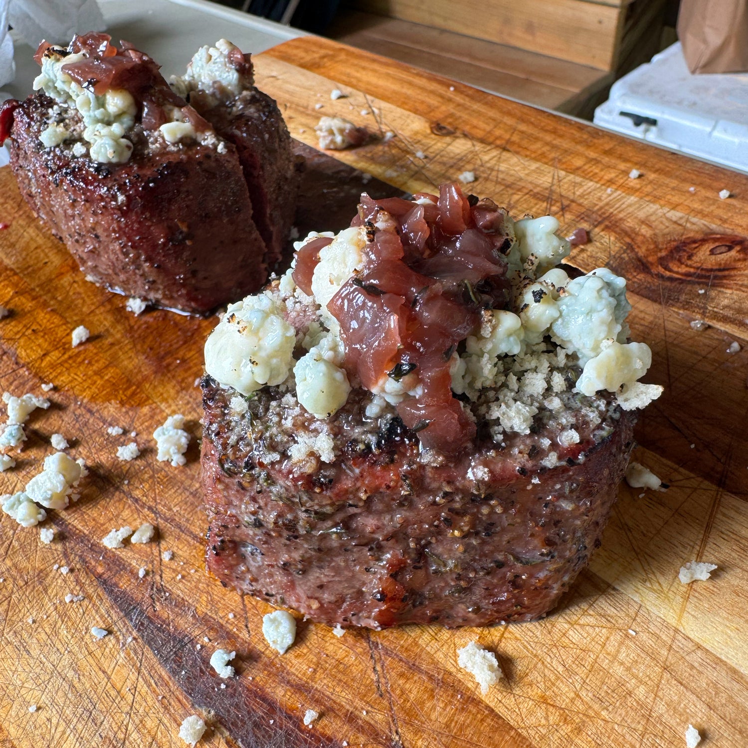 Blue cheese crusted filet with a Port wine reduction