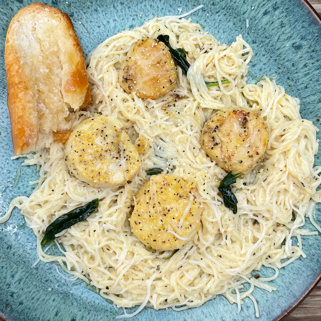 Sweet Lemon Butter Pasta with Scallops and French toast