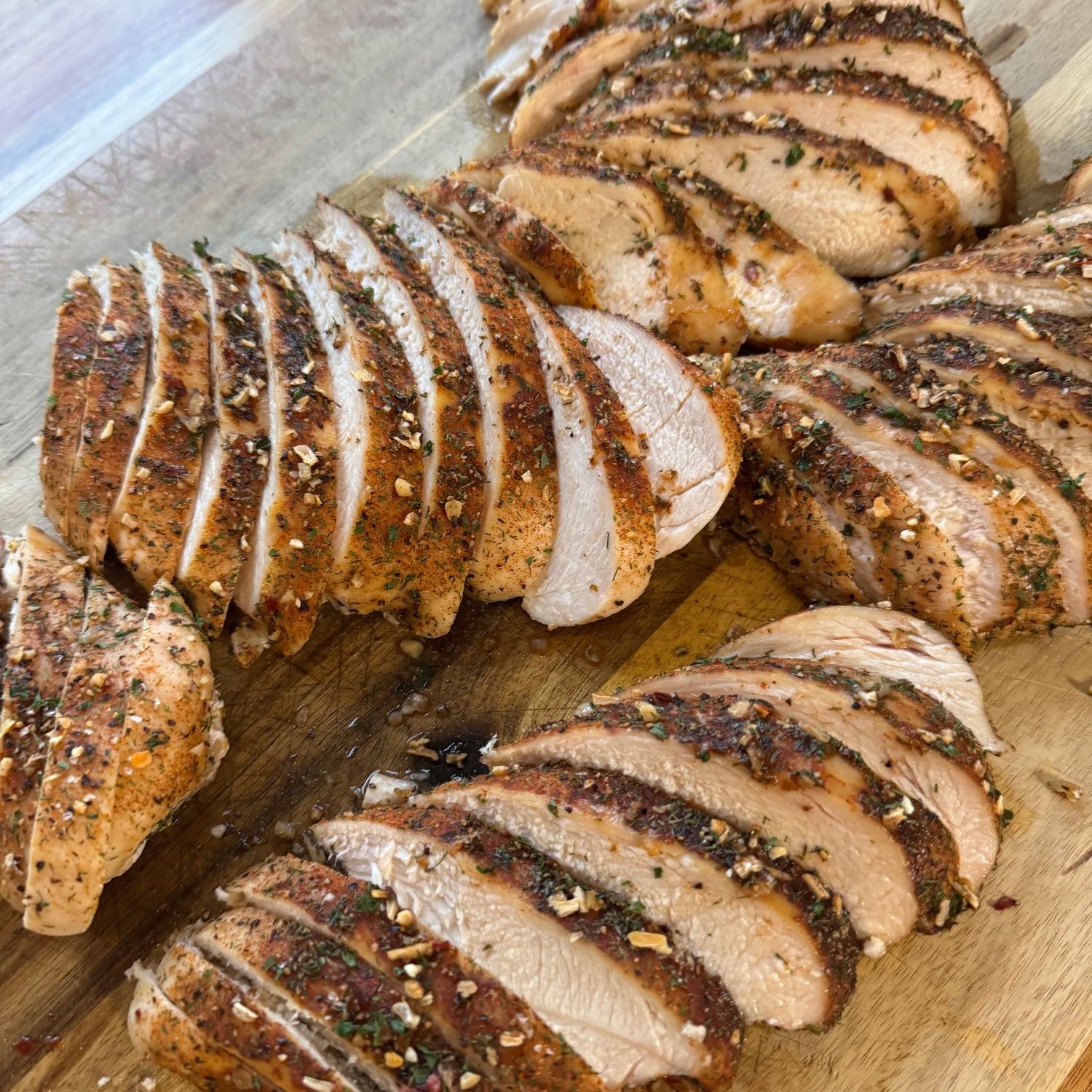 Lane's Legendary Chicken rub on sliced chicken