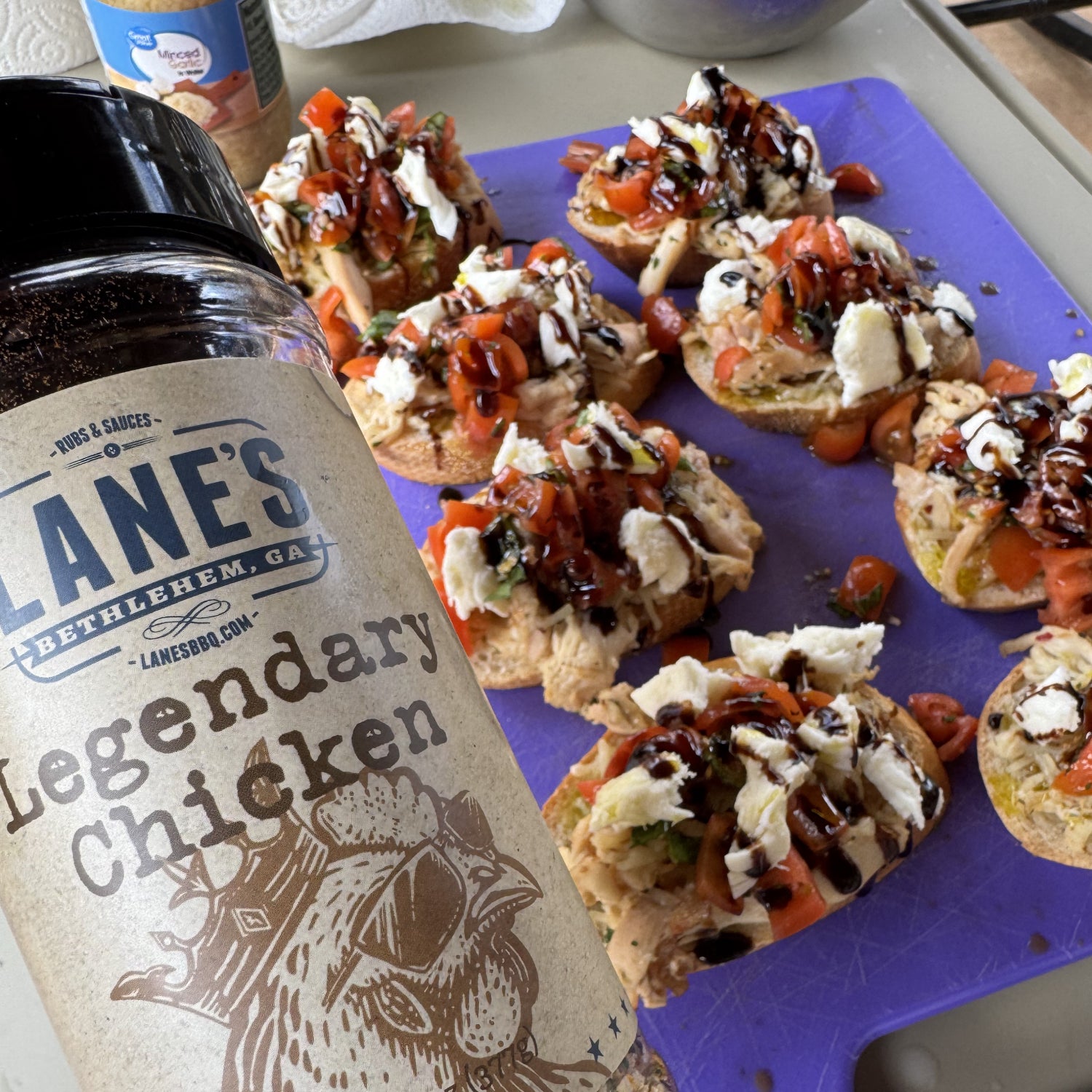 Lane's Legendary Chicken Rub on chicken Bruschetta