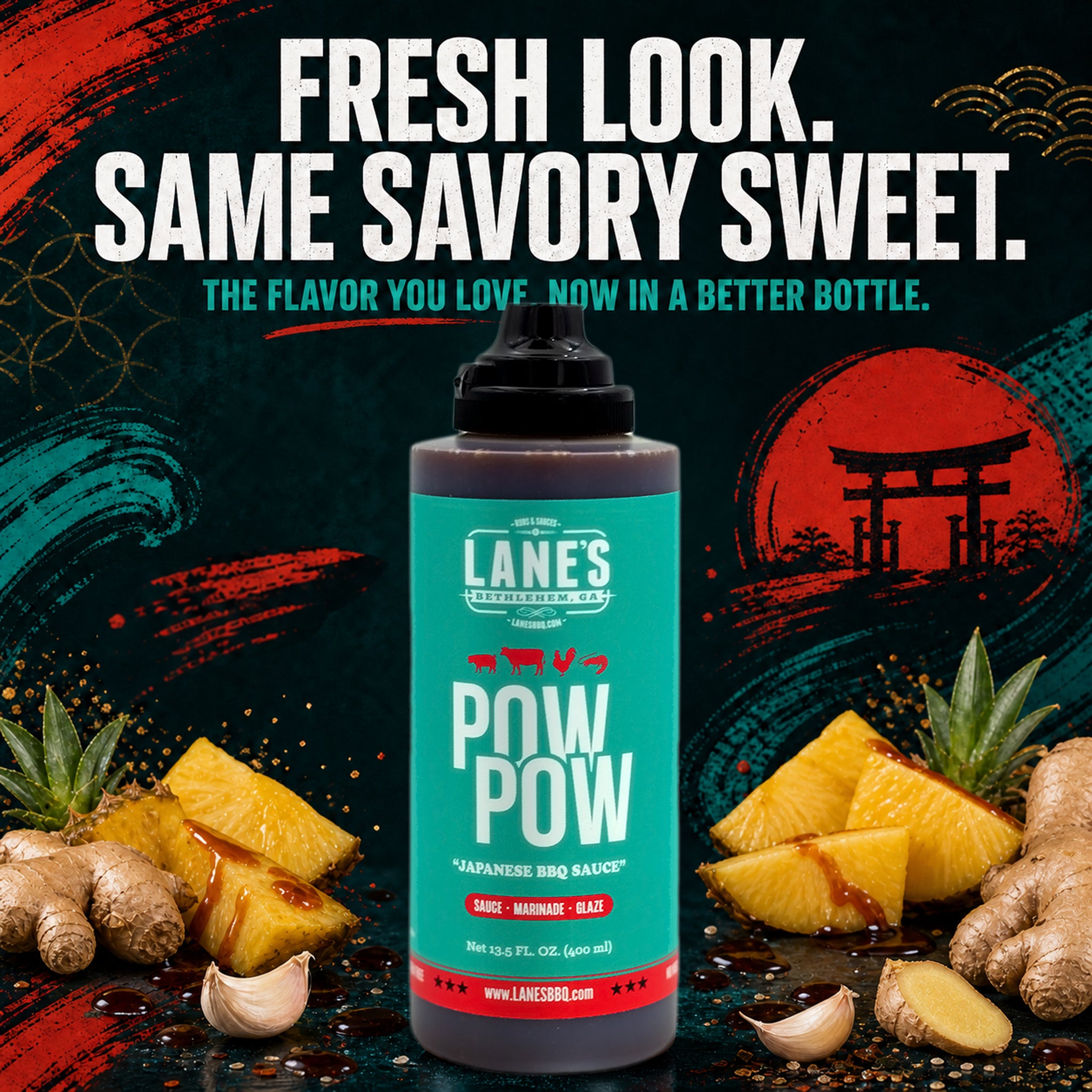 Pow Pow marinade visual ingredients with pow pow style design