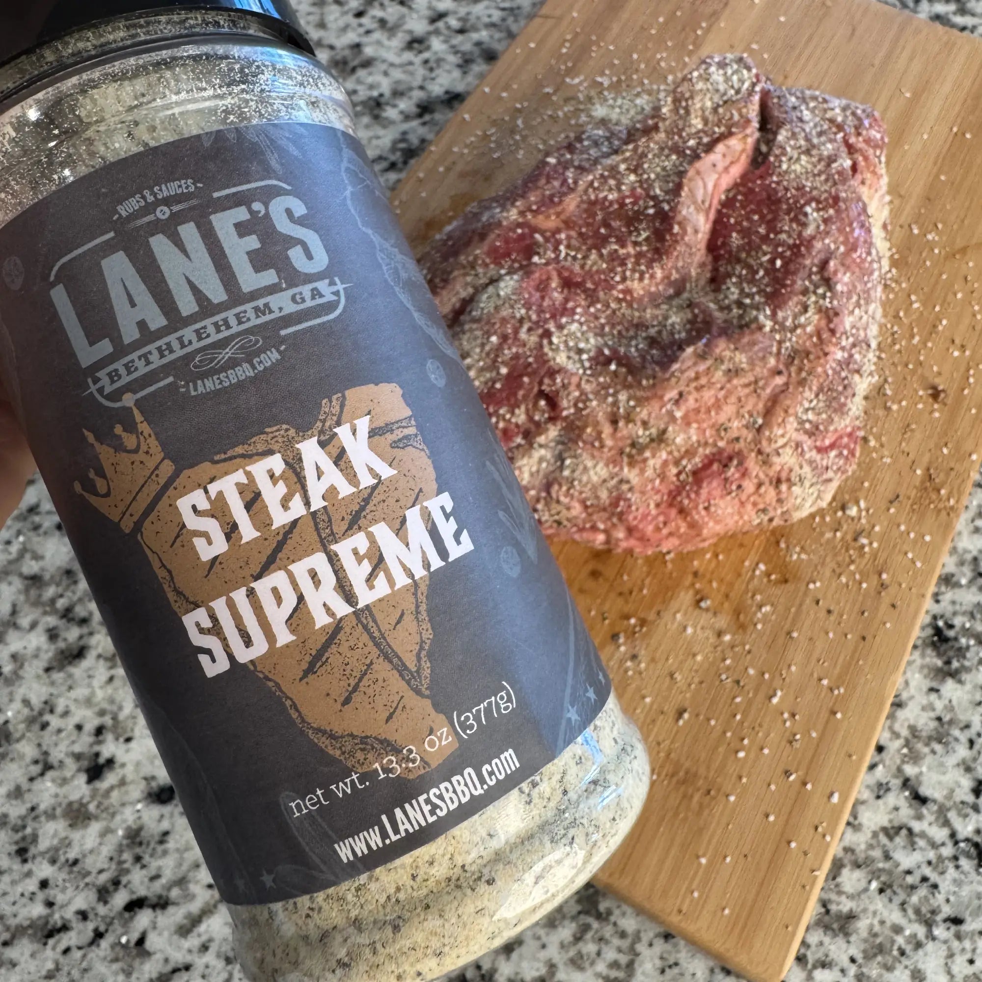 Lane's Steak Supreme Rub on beef pre-cooked