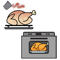Illustration of a turkey being seasoned and then roasted in an oven.