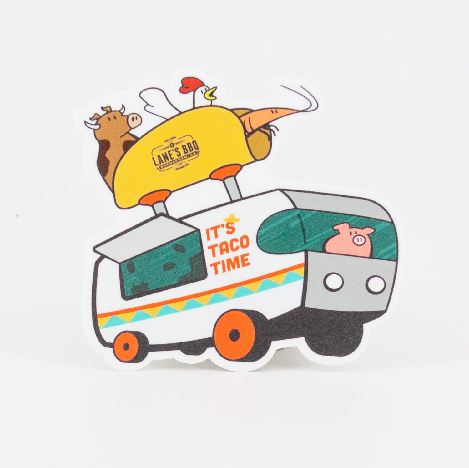 Taco truck sticker with animals riding